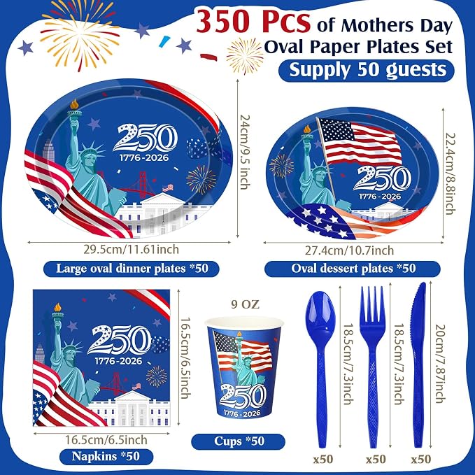 Pajean 350 Pcs 4th of July Party Decorations 12 inch Disposable Patriotic Oval Plates and Napkins Heavy Duty American Flag Paper Tableware Set for 50 Guests 250th Independence Party Supplies