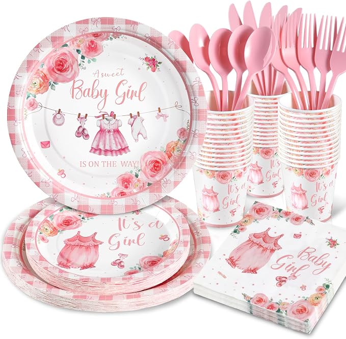 168Pcs Baby Shower Decorations for Girl, Pink Floral Baby Shower Party Tableware Serves 24,A Sweet Little Girl is on The Way Plates Sets for Gender Reveal Birthday Party Decorations