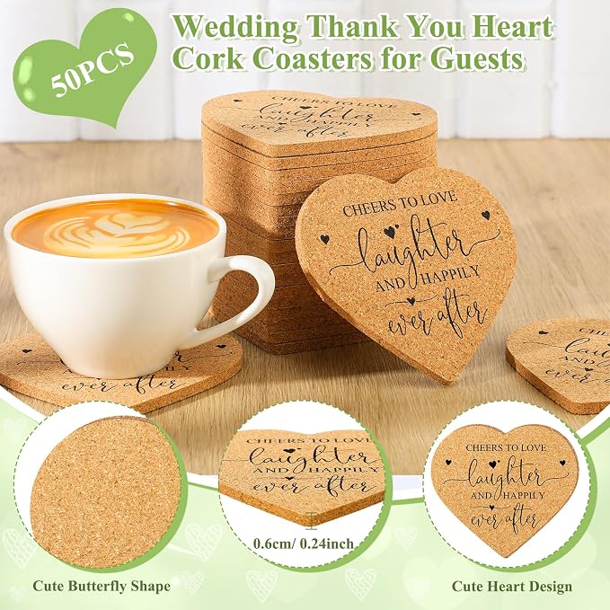 Uiifan 50 Set Wedding Favors for Guest Coaster Gifts Bulk Heart Shaped Coasters Thank You Cards Organza Bags Guest Souvenirs for Wedding Party Bridal Favors
