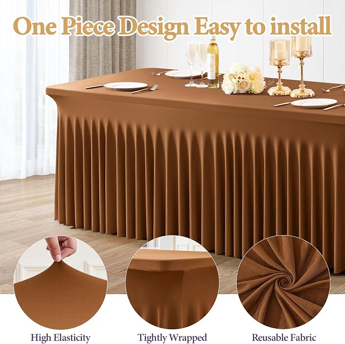 Shillance 2 Packs Brown Spandex Tableclothes for 8 Foot Rectangle Table, Spandex Table Covers 8FT Stretch Table Skirts Wrinkle Free Fitted Table Cloth for Event, Wedding, Banquet & Parties