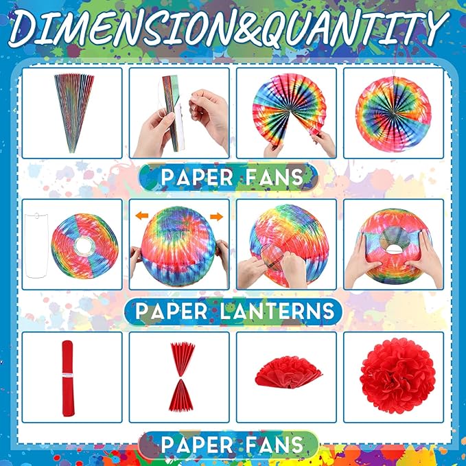 Hortsun 16 Pcs Tie Dyed Party Decorations Include 6 Pcs 12 "and 6" Groovy Hippie Hanging Paper Lanterns,6 Paper Fans -3 Size and 4 Flowers,60s Party Ceiling Wall Decor Chinese/Japanese Groovy Decor