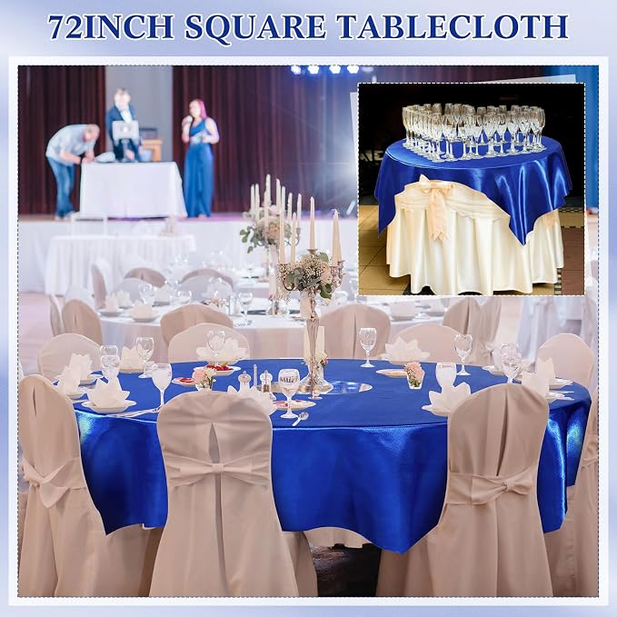 Newwiee 12 Pcs 72 Inch Satin Tablecloth Square Overlay Smooth Fabric Tablecloth Satin Table Cover Fabric Decoration Dining Cloths for Party Wedding Banquet Table Decoration(Royal Blue)
