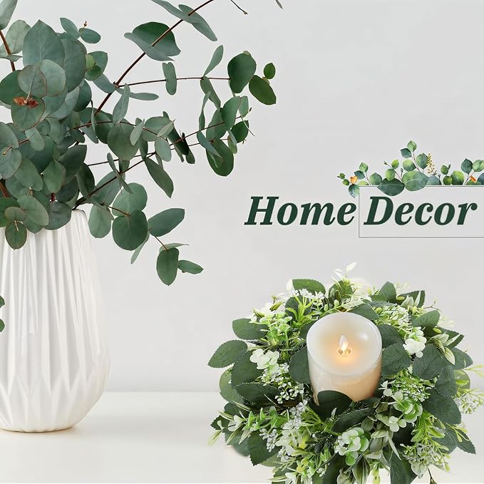 20PCS Artificial Eucalyptus Leaves Wreaths Candle Rings Wreaths Summer Greenery Garland Pillar Holder for Home Wedding Party Table Centerpiece Green