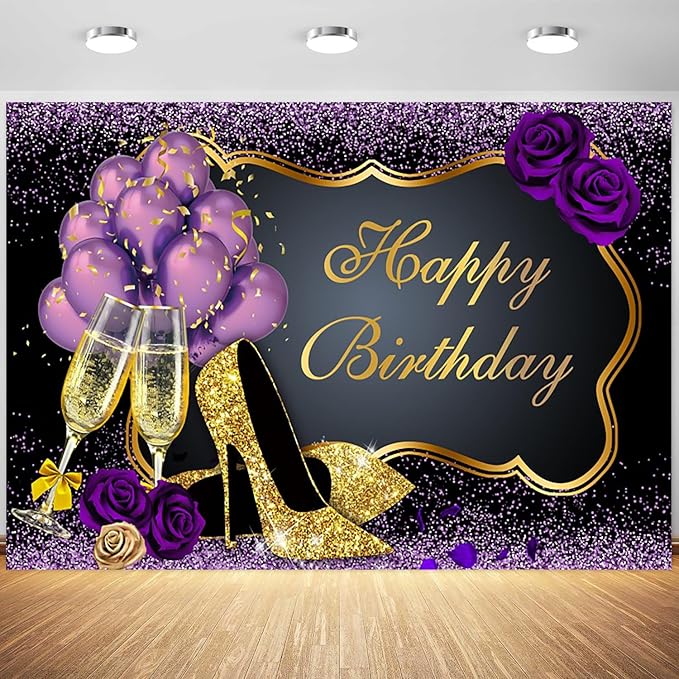 10x6.5ft Purple Gold Happy Birthday Backdrop Black Golden Purple Balloons Glitter Photography Background Girls Women Birthday Party Banner Decorations Supplies Photo Studio Props