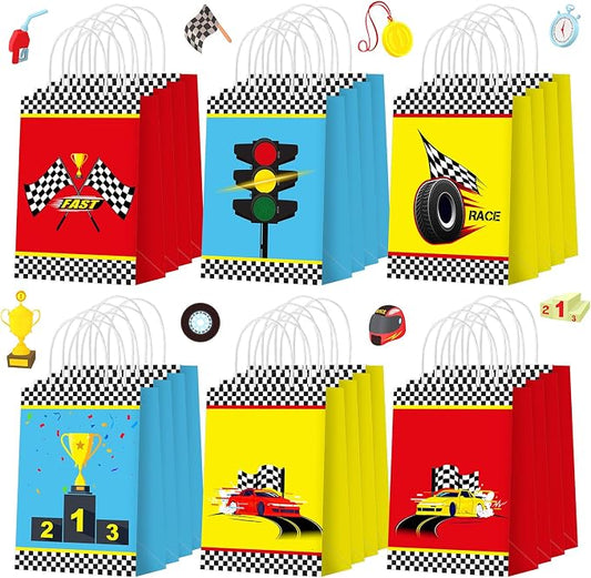Outus 24 Pieces Race Car Party Favor Bags Car Birthday Party Supplies Goodie Gift Treat Bags with Handles for Checkered Flag Race Theme Two Fast Birthday Decorations Boy Gifts