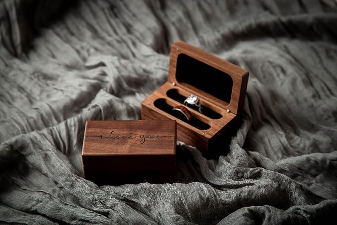 MUUJEE Quad Wooden Ring Box for Wedding Ceremony - Engraved Ring Holder Box for Engagement Proposal Anniversary and Valentines Day Gift for Him or Her (I Love You)