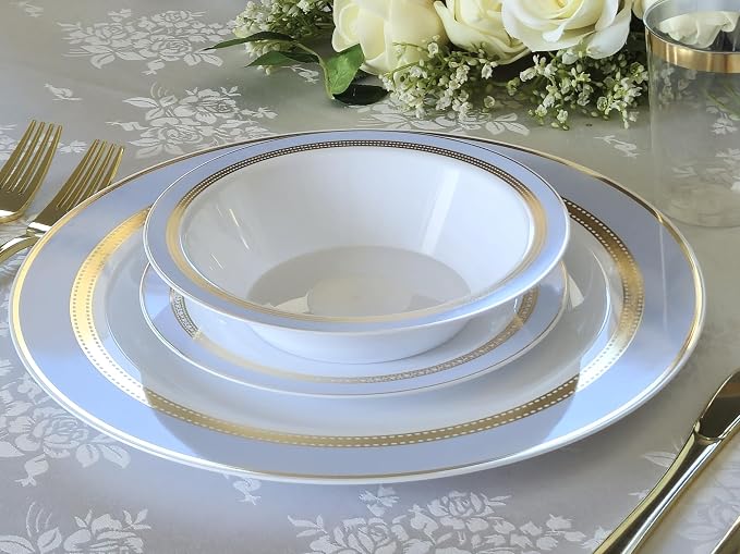 OCCASIONS Fancy Disposable Plates (25 Guests) - Gold Rimmed Heavy Duty Plastic Dinnerware Set, 25 x 10.5" Dinner + 25 x 7.5" Salad/Dessert, China-Like Look, BPA Free Wedding Party (Ritz Blue and Gold)