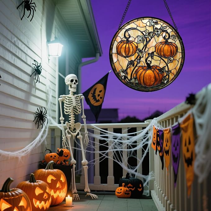 DASTOLL Stained Glass Window Hanging - Halloween Decoration Orange Pumpkin Vine Leaves Suncatcher for Door Garden Spooky Sun Catchers Gothic Decor Horror Gifts for Women Men Friend Boy Girl 6.3 in
