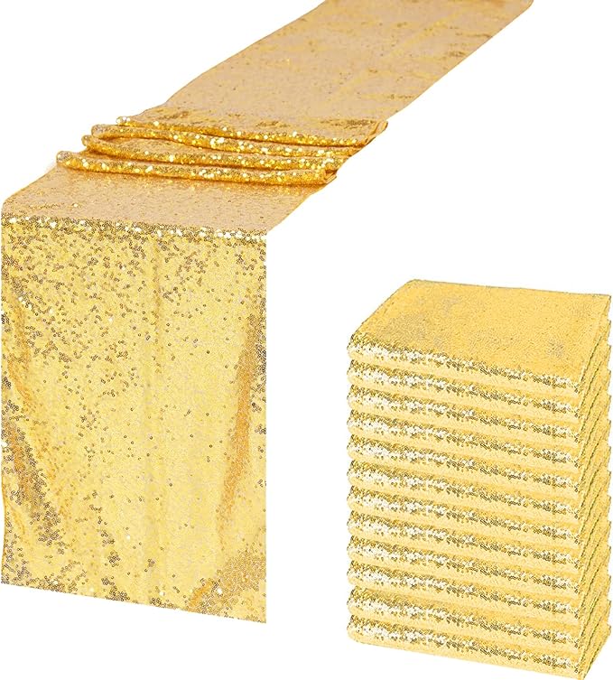 JYFLZQ Gold Sequin Table Runner 12"x108" Pack of 10 Glitter Sequin Fabric Table Linens - Sparkly Runners for Wedding & Birthday Party Decor