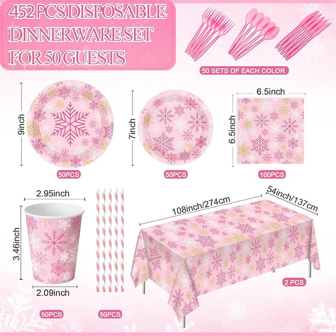 Funnymoom 452 Pcs Pink Snowflake Party Decoration for 50, Pink Gold Winter Snowflake Paper Plates Napkins Cups Tablecloth Cutlery Straws for Winter Baby Shower Wonderland Birthday Supplies