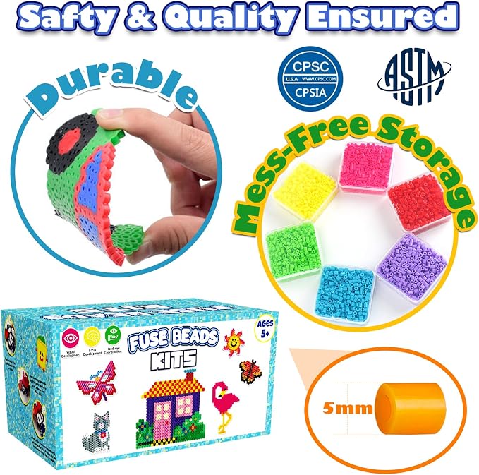 FUNZBO 31000 5mm Fuse Beads Kit - 48 Colors, Homeschool Arts and Crafts Supplies for Kids, Toys Set, Art Decorations for Room, Birthday Toys Gifts for Girls and Boys Age 5+