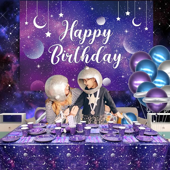Galaxy Party Supplies,Includes Space Galaxy Birthday Backdrop, Plates, Napkins, Cups ,Tablecloth, Balloons,Foil Balloons, for 20 Guests Galaxy Outer Space Theme Birthday Party Decoration