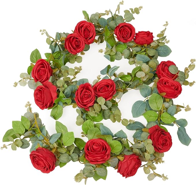 PONKING Flower Garland Artificial Rose Vine Flowers Hanging Fake Roses Vines for Wedding Birthday Party Valentines Christmas Room Wall Arch Decor, 2 Red Floral Garland Decorations, High Realistic