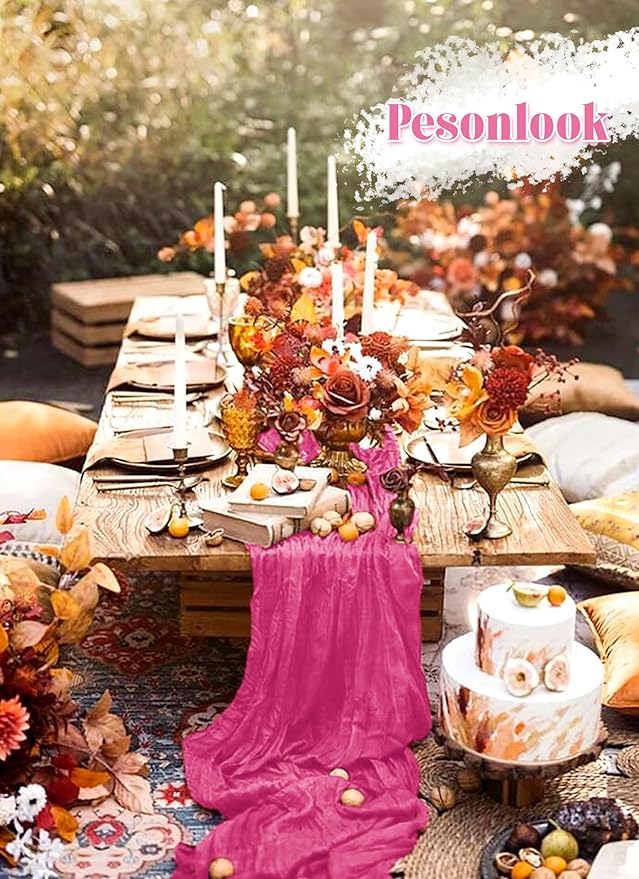 Pesonlook 12 Pack Hot Pink Rustic Boho Cheesecloth Table Runner, 10FT Long Semi Sheer, 21.5" W x 120" L, Polyester, Solid, Wedding/Birthday/Bridal Shower/Party Decorations
