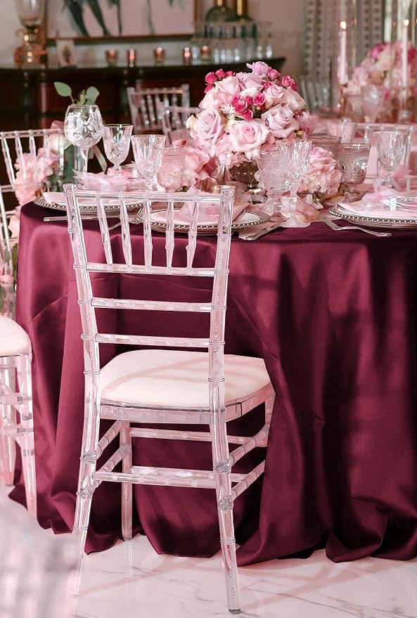 12 Pack 120 Inch Round Tablecloth, Burgundy Satin Fabric Table Cloth for Round Tables, Wrinkle Resistant Washable TableCover Bright Silk Table Clothes for Wedding Party Dining Tables Banquet