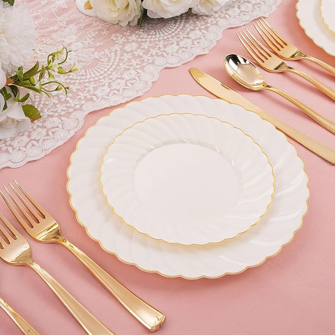 U-QE 100 Piece Ivory Scalloped Plastic Plates for Party with Gold Rim - Plastic Party Plates Disposable Heavy Duty - High End Disposable Plates Include 50pcs Dinner Plates 9"&50pcs Dessert Plates 6.5"