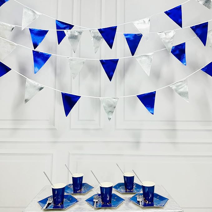 Royal Blue Silver Party Decorations Navy Blue Triangle Pennant Banner Flag Metallic Fabric Bunting Garland for Birthday Graduation Wedding Retirement Nautical Ahoy Achor Pirate Theme Party Supplies