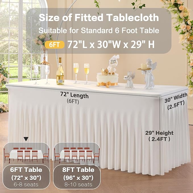 6 pk Spandex Ivory Tablecloths for 6 Foot Rectangle Tables, Stretch Table Cloth 6ft Fitted Tablecover Desk Skirt for Parties Weddings Birthday Banquet Baby Shower