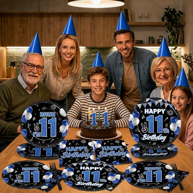 96PCS 11th Birthday Party Supplies Blue and Black 11th Birthday Plates and Napkins Black Blue Bruh I’m 11 Tableware Dinnerware Video Game Theme Decorations for Boys Party Favors Serves 24