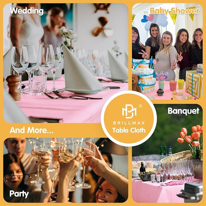 BRILLMAX 4 Pack Pink Tablecloths 90 x 156 Inch for 8ft Rectangle Tables - 150 GSM Polyester Fabric, Floor Length Drop, Water, Stain & Wrinkle Resistant Cloth Cover for Wedding Reception Banquet