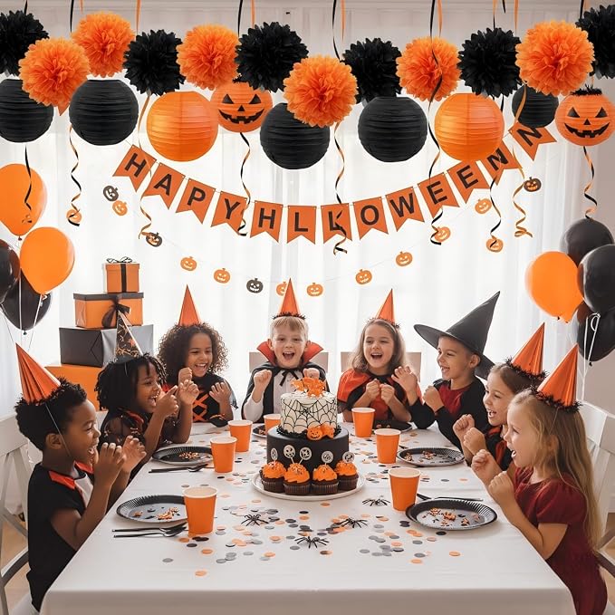 CC wonderland zone 12pcs Black and Orange Paper Lanterns,Hanging Paper Lanterns for Halloween Party Decorations