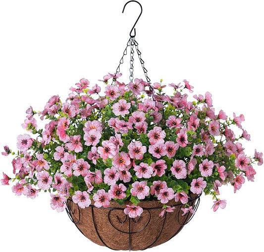 Ammyoo Artificial Faux Hanging Plants Flowers Basket for Spring Outdoor Decoration, Fake Silk Daisy UV Resistant Look Real with Eucalyptus Leaves Summer Outside Decor for Home Patio Garden