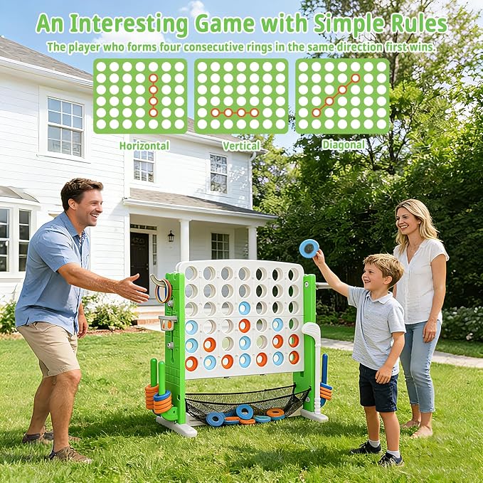 Giant 4-in-A Row Connect Game Set, Height Adjust Jumbo Yard Game for Kids & Adults w/Mesh Catching Bag, Basketball Hoop, Ring Toss & Mini Golf, Family Party 4-to-Score Indoor/Outdoor Games