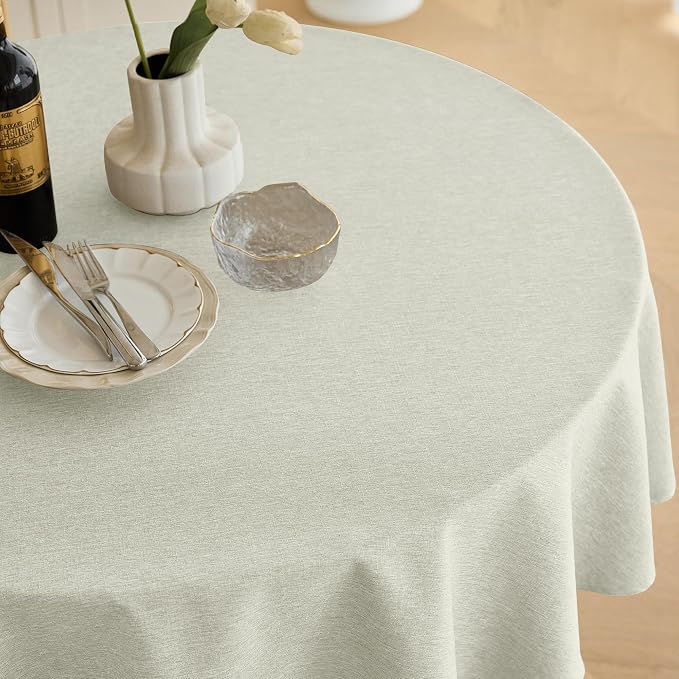 Decorelia Waterproof Round Tablecloth for Round Dining Table, Decorative Rustic Soft Wipeable Table Cloths Cover Indoor Outdoor Use for Holiday,Wedding, Kitchen (70 Inch,Round (4-6 Seats),Light Grey)