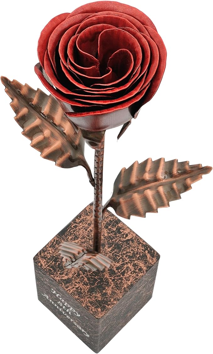 Personalized Bronze Anniversary Rose – 8th or 19th Wedding Anniversary Present, Custom Engraved Solid Copper Flower with Deep Red Bloom – 12 Inch Keepsake