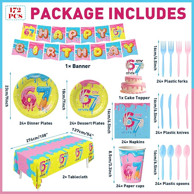 172pcs Ice Cream Birthday Party Supplies 6 7 Birthday Plates Napkins Six Seven Themed Tableware Set Paper Cups Banner Tablecloths Cake Topper Party Decorations for Kids Boys Girls Serve 24
