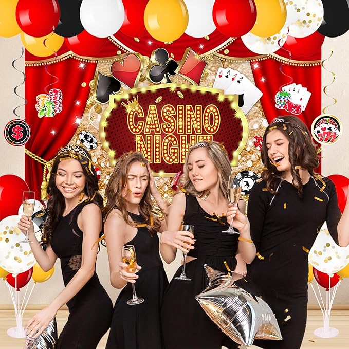175Pcs Casino Party Decorations Set, with Plates Cup Tableware, Casino Backdrop, Foil Balloons, Balloons Stand, Birthday Banner, Cake Topper, for Las Vegas Poker Casino Night Party Supplies