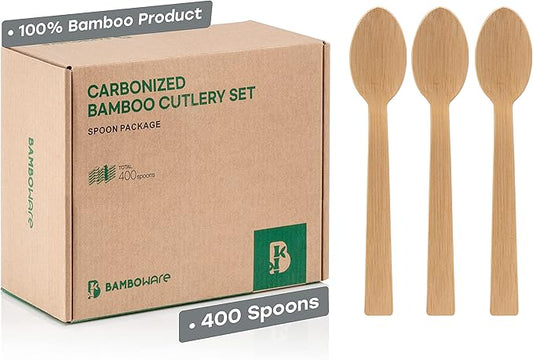 100% Bamboo Utensils - Carbonized Disposable Cutlery Biodegradable and Sanitized - Heavy Duty & Fully Functional (Spoon - 400 Pieces)