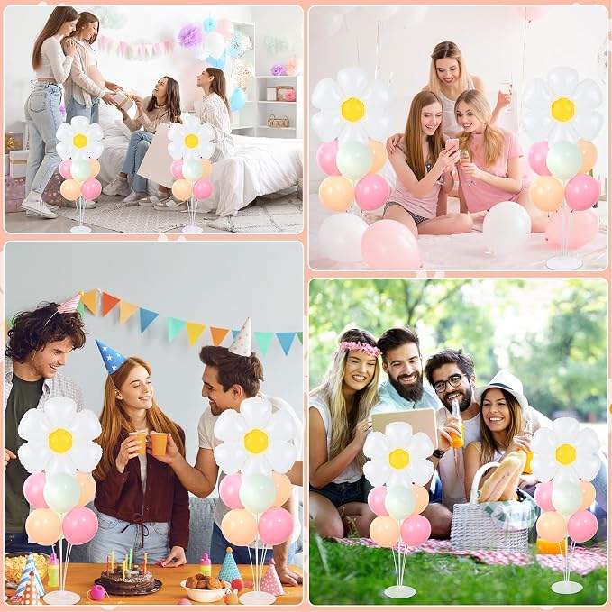 Daisy Party Balloons Stand Kit 2 Sets with 2 White Daisy Flower Foil Balloons Fresh Flower 1st Party Balloon Centerpieces for Tables for Spring Theme Mothers Day Daisies Themed Birthday Decorations