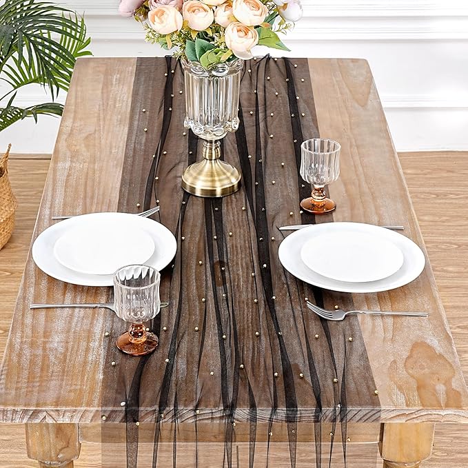 Gauze Tulle Table Runner Pearl Fabrics: Sheer Veil Dessert Chiffon Pearl Lace Boho 6 Packs Overlay Wedding Aisle Runner Party Decorations Doilies Black