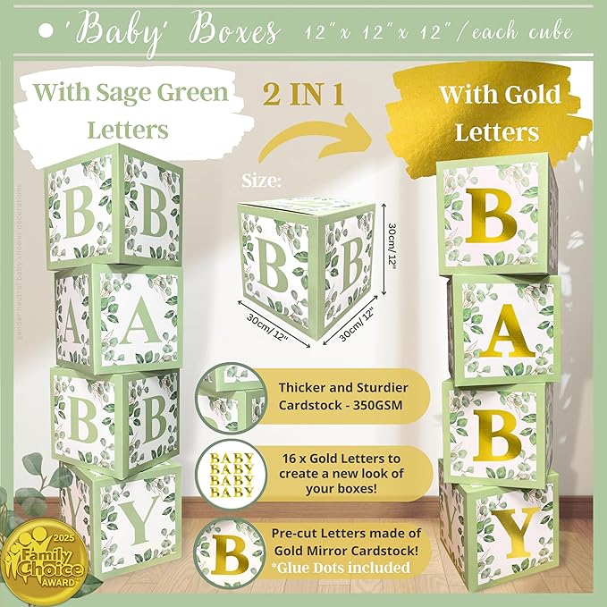 258 PC Sage Green Baby Shower Decorations, Gender Neutral Mint Balloons Garland and BABY Boxes, Welcome Baby Banner, Olive Green Baby Shower Decorations for Boy and Girl, Woodland Safari Jungle