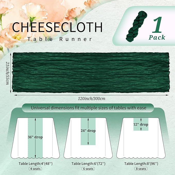 1 Pack Cheesecloth Table Runner 10FT Emerald Green Table Runner Boho Gauze Cheese Cloth Table Runners Long Rustic Sheer Table Decorations for Wedding Party Baby Bridal Shower Birthday Holiday Home
