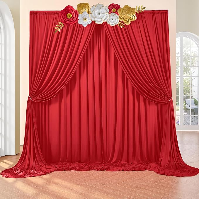 50ft×8ft Red Wrinkle Free Backdrop Curtains for Parties, 10 Panels 5×8ft Soft Silky Photo Backdrop Drapes for Wedding Birthday Party Baby Shower Mother's Day Red Themed Party Photography
