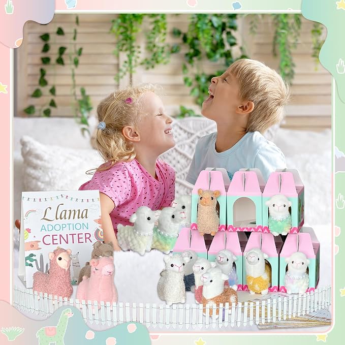 38 Pcs Adopt a Pet Llama Party Favor Set Include 12 Plush Llama 12 Foldable Party Boxes 12 Adoption Certificates 1 Signboard 1 Fence for Adopt a Llama Birthday Party Decorations