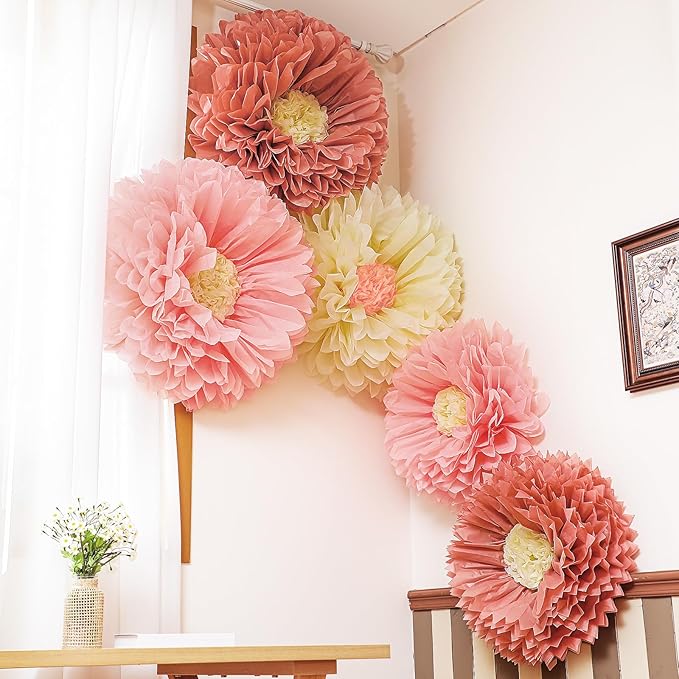 Chunful 5 Pcs 30'' 24'' Gaint Boho Tissue Paper Flowers Decoration Large Hanging Tissue Paper Pom Poms Decor for Boho Birthday Bachelorette Wedding Baby Shower Bridal Shower Party Decoration