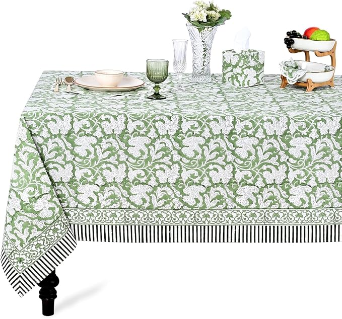 Ridhi Sage Green 60x90 Inches Rectangle 100% Cotton Hand Block Print Tablecloth Washable Easter Thanksgiving/Christmas Parties/Wedding Use,Fall décor Farmhouse Dining Dinner Tablecloth