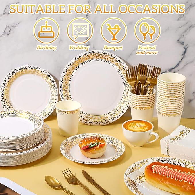 Didaey 700 Pcs Disposable Dinnerware Set for 100 Guests Include 200 Paper Plates, 300 Plastic Silverware, 100 Paper Cups, 100 Napkins for Wedding Birthday Party Supplies (White Gold Pattern)