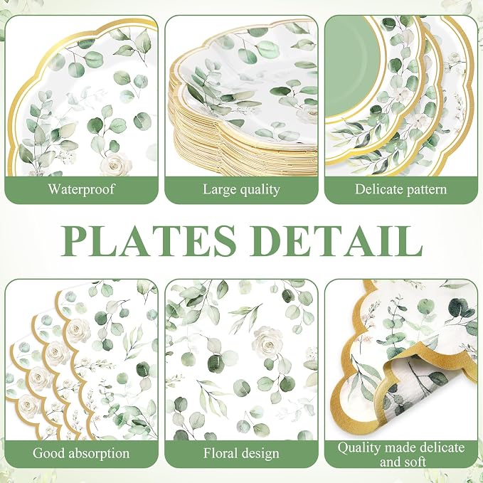 Funnymoom 250 Pcs Sage Green Color Party Decorations Eucalyptus Greenery Plates Cups and Napkins Paper Baby Shower Bridal Shower Party Tableware Set for Wedding Birthday Jungle Decorations, Serves 50