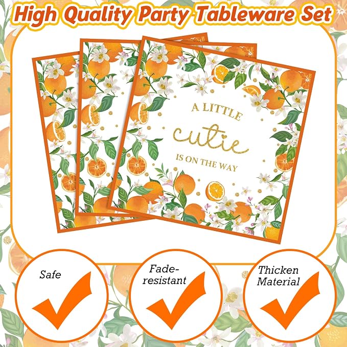 350 Pcs Little Cutie Baby Shower Decorations a Little Cutie Is on The Way Tableware Set, Plates Napkins Cups Dessert Forks Disposable Supplies for 50 Guests, Cute Orange Party Decoration