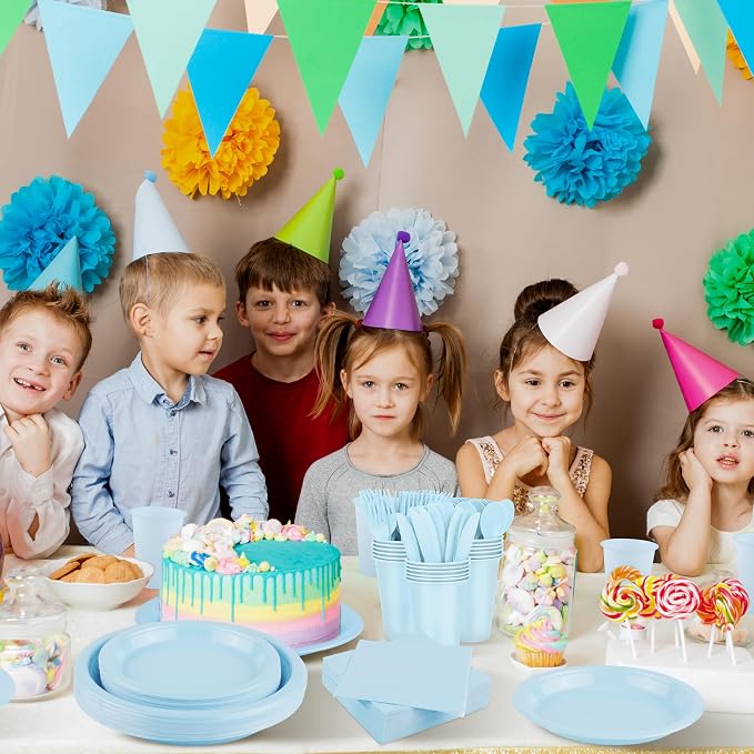 Kochorie 240 Pieces Light Blue Plastic Dinnerware Set Disposable Heavy Duty Plates Napkins Cups Silverware Dessert Dinner Plates for Birthday Wedding Baby Shower Party Supplies, Serves 30 Guests