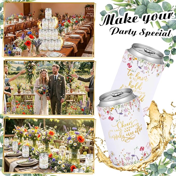 Qinyoung 50 Pieces Wildflower Wedding Can Cooler Sleeves Bulk Engagement Party Favors for Guests Cheers to Love Laughter and Happily Ever After Rehearsal Dinner Decorations for Wedding Bridal