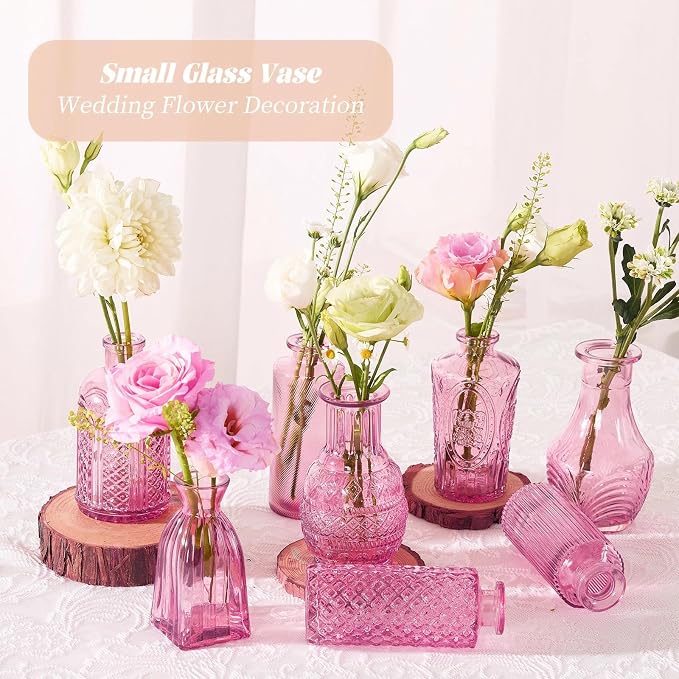 24PCS Mini Bud Vases As Wedding Centerpieces for Tables,Clear Bud Vases for Flowers,Small Flower Vases Suitable for Birthday Party,Anniversary,Wedding Reception,Baby Shower (Pink, 24PCS)