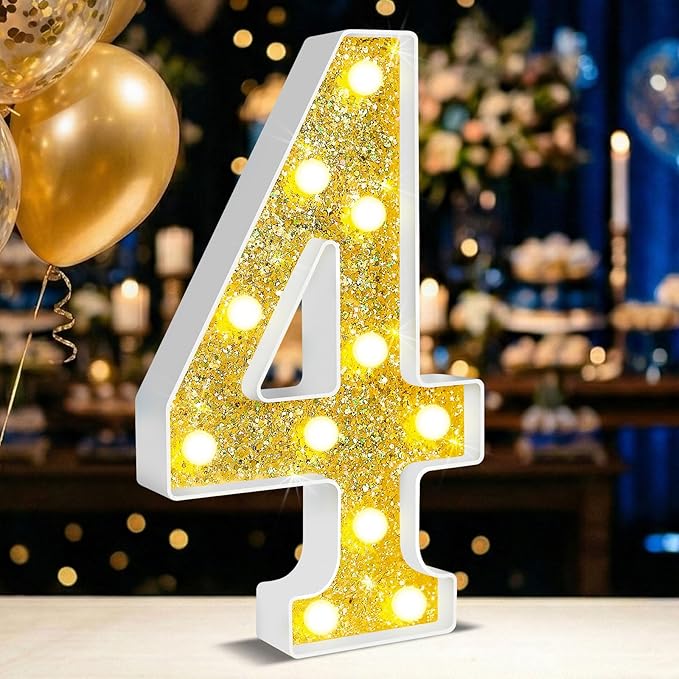 12.6 Inch LED Gold Marquee Light Up Numbers, 4th Birthday Decorations Number Lights as Gifts for Girls Boys, Glitter Lighted Marquee Numbers for Golden Anniversary Party Table Decor, 4