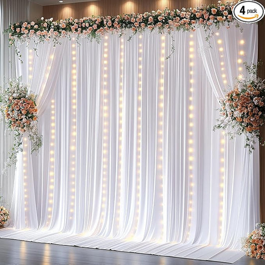 20 x 10ft White Backdrop Curtains with Lights String for Wedding Polyester Photo Backdrop Drapes Wrinkle Free White Long Curtains for Birthday Parties Reception Baby Shower Ceremony-10 x 5ft x 4Panels