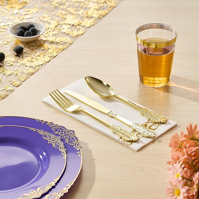 Fijinhom 350pcs Purple Plastic Plates, Elegant Disposable Dinnerware Set, 125 Pieces, White and Gold, Plates, Cups, Cutlery and Napkins (Purple, 50 Guests)