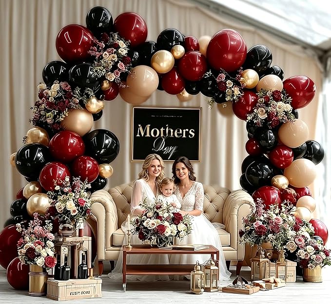 Burgundy Black Balloon Arch Kit Double Stuffed Nude Maroon Metallic Wine Red Apricot Balloon Garland with Gold Latex for Birthday Anniversary Wedding Bridal Graduation Mother's Day Party Decoration